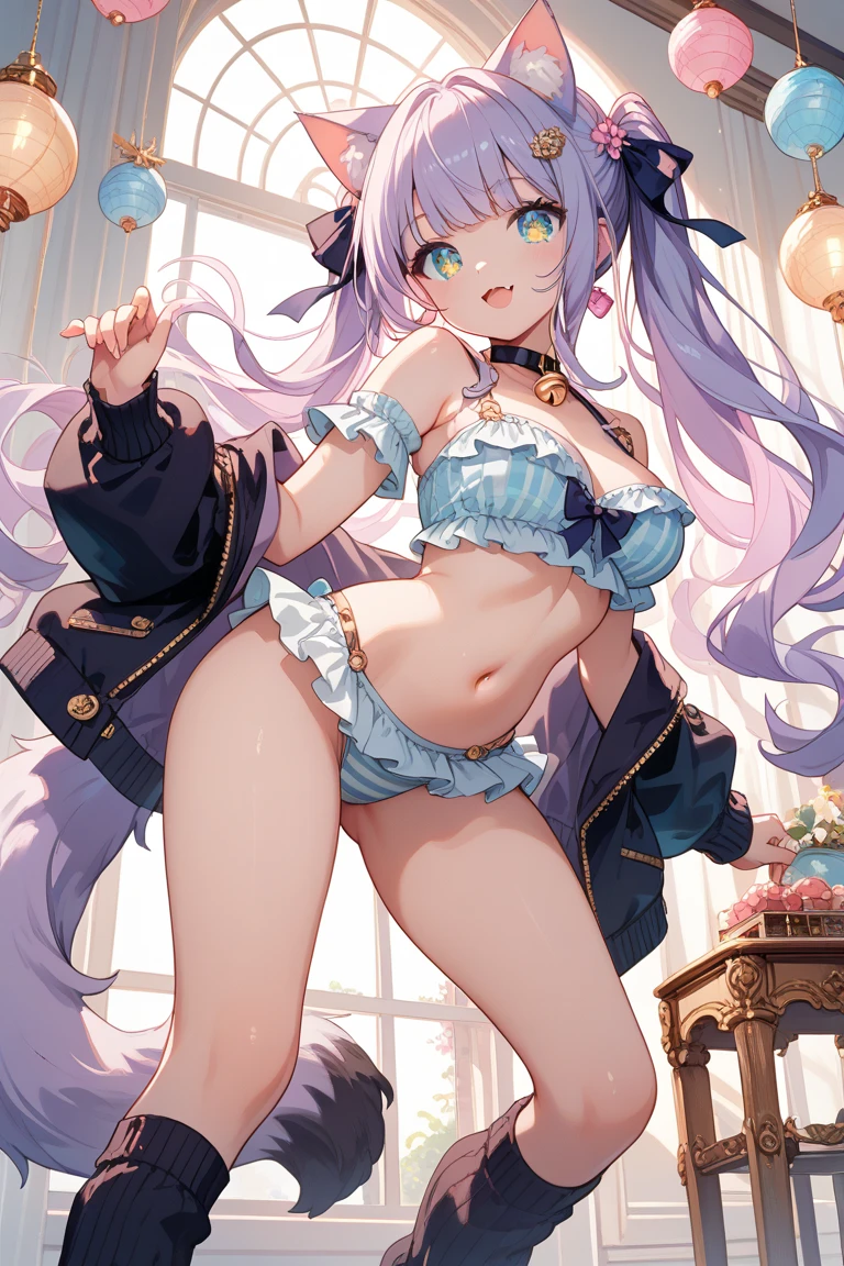((nsfw:1.3)),((side tie panties:1.3)),((looking pussy panties:1.3)),((high quality pussy:1.3)),(open chest:1.3),((very flat chest :1.3)),((open design skirt:1.3)),((ribbon garter)),highest quality, masterpiece, long eyelashes, Sparkling輝く目, Dresses with ruffles and ribbons, Eat cake in a café, Sparkling, Cat ear, flower hair ornament,