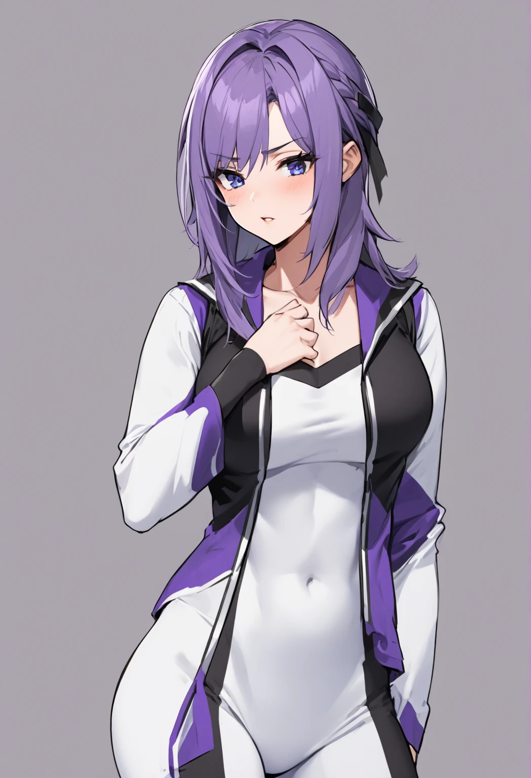 beautiful young fitness woman with , in a gym wearing May with black pantyhose, white and purple fitted gym jacket. standing alone,hair horns,bright purple eyes,Evil smile,legging preto aura roxa,crossed arms
