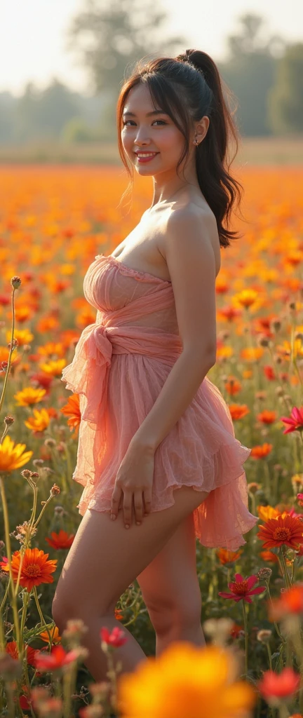 (best quality,4k,8k,highres,masterpiece:1.2),ultra-detailed,(realistic,photorealistic,photo-realistic:1.37),beautiful girl,gazing at the sunrise,sun rising in the east,enchanting warm dawn,golden-pink hues,freshness and transparency,illustration,dreamy scene,serene garden,soft morning light,blooming flowers,whispering gentle breeze,peaceful atmosphere,morning dew on green grass,sparkling water droplets,clear blue sky,birds singing in harmony,colorful butterflies dancing around,the girl's captivating eyes, long eyelashes,and flawless complexion,flowing golden wavy hair,fresh morning makeup,with rosy lips and bright smile,feminine floral dress,graceful posture,strolling among the blooming roses,twinkling sunlight filtering through the leaves,creating beautiful patterns of shadows,distant mountains painted with pastel colors,soothing sounds of nature,capturing the beauty of a new day,portraying the magic of sunrise in an exquisite painting
