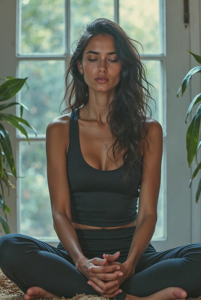 In a quiet gym environment, a brazilian woman doing yoga, wearing a revealing yoga outfit, with a close-up focused on the shape of her breasts and her concentration on her intimate part, highlighting your inner peace and external beauty.