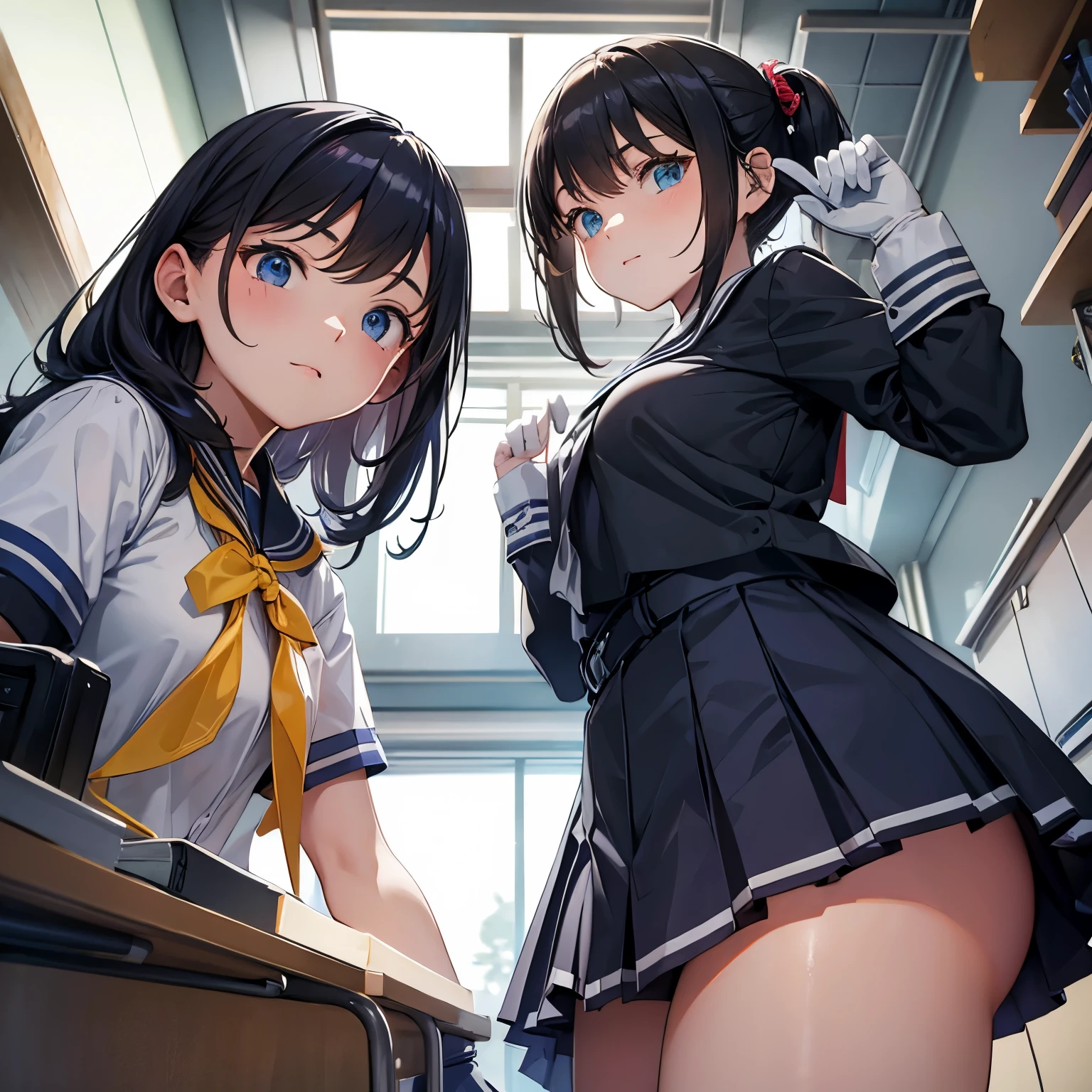 NSFW,(Masseter muscle part:1.3)、(highest quality:1.4)、超A high resolution、(eye)、(Facial feature details)、(Details of garment features)、8K resolution、solo focus、bangs、snug、(shiny skin) )、(slender girl)、lively、(highly detailed illustrations)、check comments、comment request、(School、classroom、blackboard、desk and chair)、no text、VirtualGirl-Rin、(slight smile、embarrassed look、look of confusion)、(soft breasts、round protrusion in the center of the areola、small areola)、(ponytail and ribbon)、choker、1 mother、cute、high school girl、(Girls student uniform) 、20 denier stockings cover from knee to toe,Straight neck with back and hips、A person appears on the screen、correct amount of limbs、Emphasize the crotch,Lewd,tits