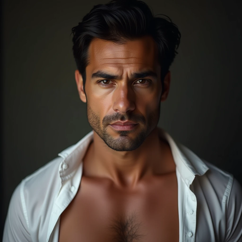 "Retrato d'un homme sabio et imponente, Looking straight ahead from the age of 40, regard doux et sincères, mince, Barbudo et avec canas, with a serious expression and an air of'experiment. Definition of vertices. Inspiration de l'homme grec antique."
