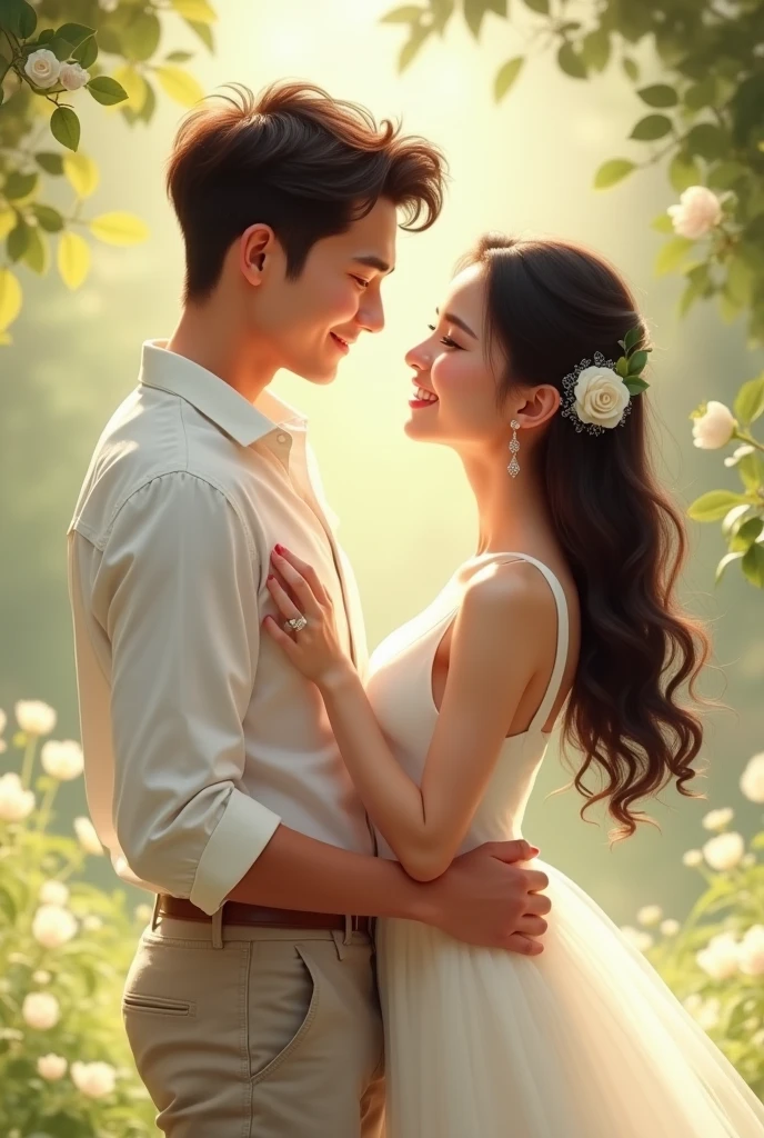 a couple in a park,enjoyable,heartwarming,affectionate,romantic atmosphere,sunny day,green grass,fresh air,blooming flowers,beautiful scenery,happy smiles,dressed in stylish clothes,hands held,walking leisurely,gentle breeze,clear blue sky,happiness and love,fond memories,togetherness,lasting bond,cherished moments,natural lighting,vibrant colors,soft shadows,lively details,artistic portrait,high-quality digital painting,ultra-realistic,finely crafted figures,expressive eyes and lips,intimate connection,cheerful and relaxed expressions,loving glances【best quality,ultra-detailed,realistic:1.37】,warm color tones,subtle highlights and contrast,glowing sunlight