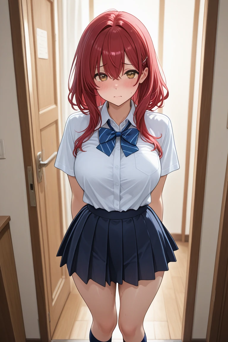 Mastepiece、masterpiece、highest quality、Super detailed、High resolution、8K Portrait、High definition CG of Unity 8k wallpaper、Cute little:1.5、Loli:1.5、Highly detailed CG Unity 8k wallpaper、Realistic、Real person、 Portrait Photography、Shiny skin、High definition、(16 years old:1.2)、(1 girl)、Beautiful clear eyes、extremely detailed description、Delicate face、Nice lips、Slim body、(thin waist)、Thin legs、(bed room:1.6)、1 Girl, Cute, Perfect Face, seriously, (blush:1.5),(Pink hair bob:1.3),(hair ornaments),(big breasts:1.3),(School uniform:1.3),((skirt lift:1.5)),(looking at view),(from front:1.2),(disapproval face:1.5),nsfw,(take off panty:1.5)