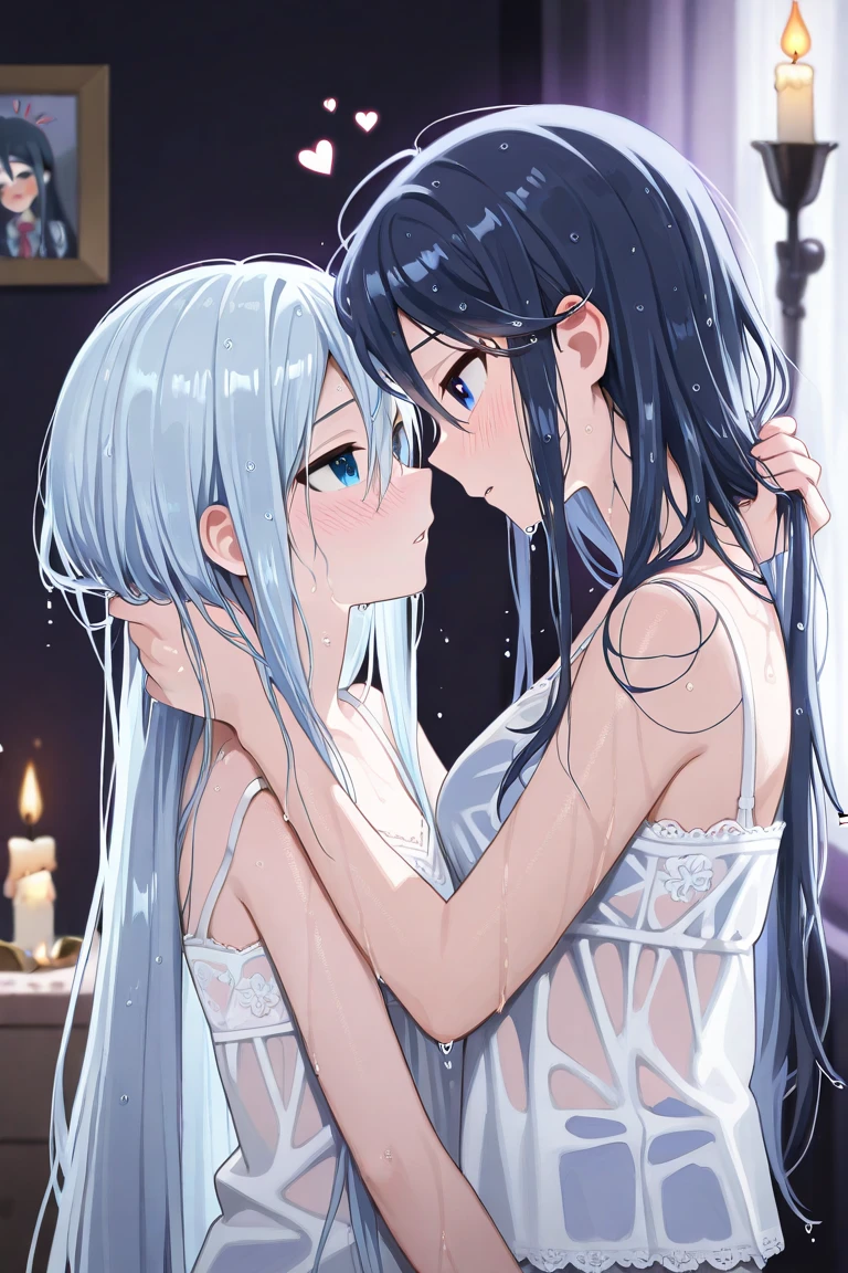 from above,, アニメ, best quality, masterpiece、Two female students、,NFSW, blush、naked、lily、hug,kiss、 looking away、tearful,steam,sweat,spoken heart、Rub her breasts from behind with both hands