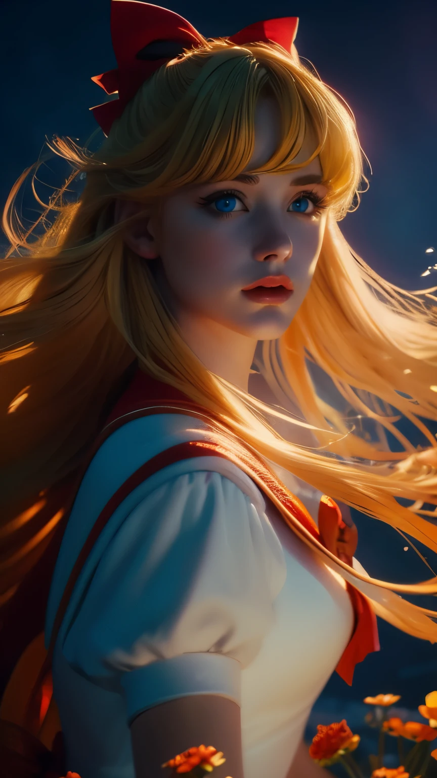 a beautiful sailor venus, detailed facial features, piercing blue eyes, rosy lips, long eyelashes, blonde hair in a red bow, sailor orange uniform with a blue bow, portrait in a magical fantasy landscape, colorful flowers, glowing moon in the night sky, dramatic lighting, cinematic composition, high quality, 8k, intricate details, vibrant colors, digital art, concept art style