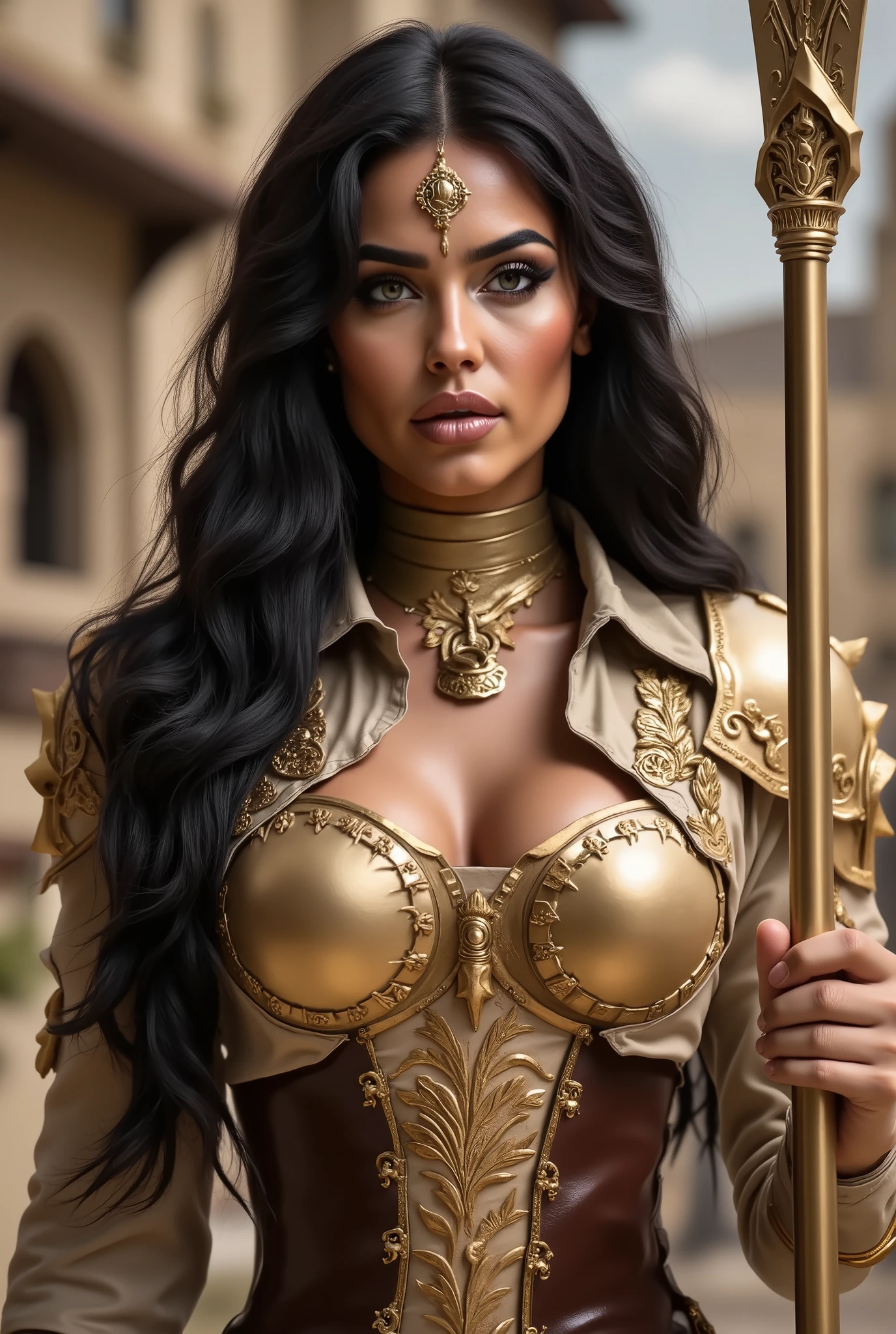 Princess Arianne Martell, game of thrones, Westeros, House Martell, Dorne. Arianne is buxom and beautiful, with olive skin, large golden eyes and long, thick black hair that falls in ringlets to the middle of her back. She has full lips, a beautifull smile and a husky voice, and round ripe breasts. Arianne is calculating, adventurous, and fierce-tempered. When she sees something she desires, she strives to obtain it at all cost. She does not shy away from using her looks to get what she wants. She is wearing a light leather armor adorned with intricate engraved details and golden accents. She holds a beautifully engraved golden spear ready to fight any foe that might try to attack her.