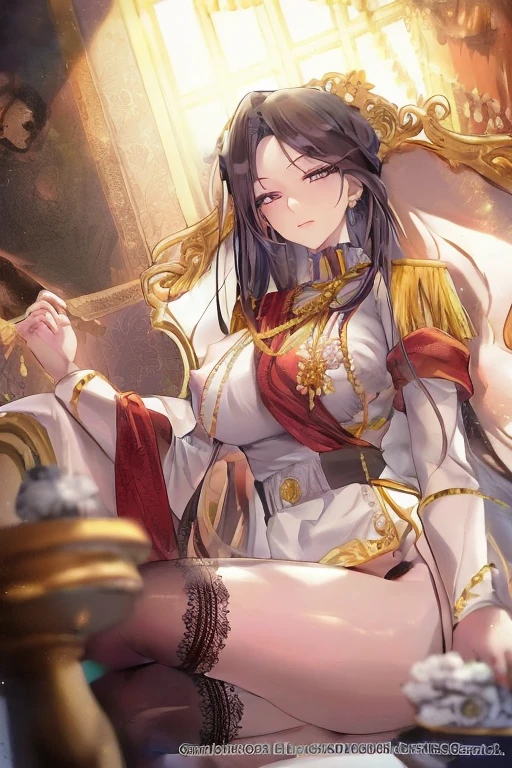 Dark Blue Hair、Golden Eyes、Braid、One good looking girl、solo、anime、Checkered mini skirt、Ruffles on the skirt、Red T-shirt、Cape、Gothic、Black knee-high socks、bandana、Wearing a ribbon、Ribbon on waist、Tilting face、Teeth are visible、Sunset sky、Piercing the clouds、Contrail、lotus leaves、Cumulonimbus、Pillar of Light、Magic wand、Sitting on a golden treasure chest、I'm pounding、candle fire、Eating chocolate、Silver coin necklace、From above
