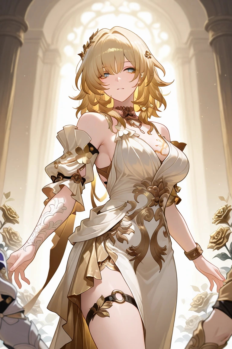Beautiful eve biblical blonde white dress golden jewellery, sensual , white silk dress ingerie, high detailed, 4k, masterpiece, bust shot, full body