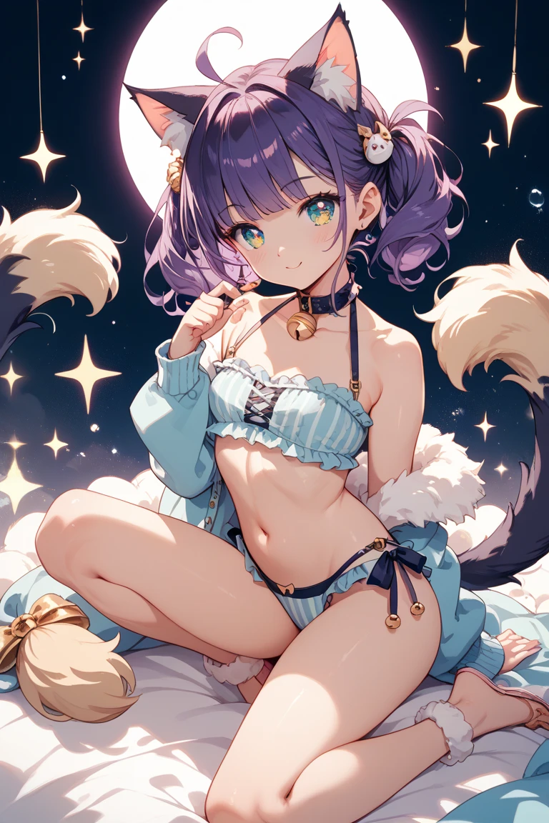 (8k, best quality, masterpiece:1.2),(best quality:1.0), (ultra highres:1.0), 2D anime, wide-angle, 1girl, Beautiful girl with cute smile with lilac fluffy short bob and cat ears、Slender small breasts、Wearing only a small indigo bikini、Looking up at the midnight traffic light