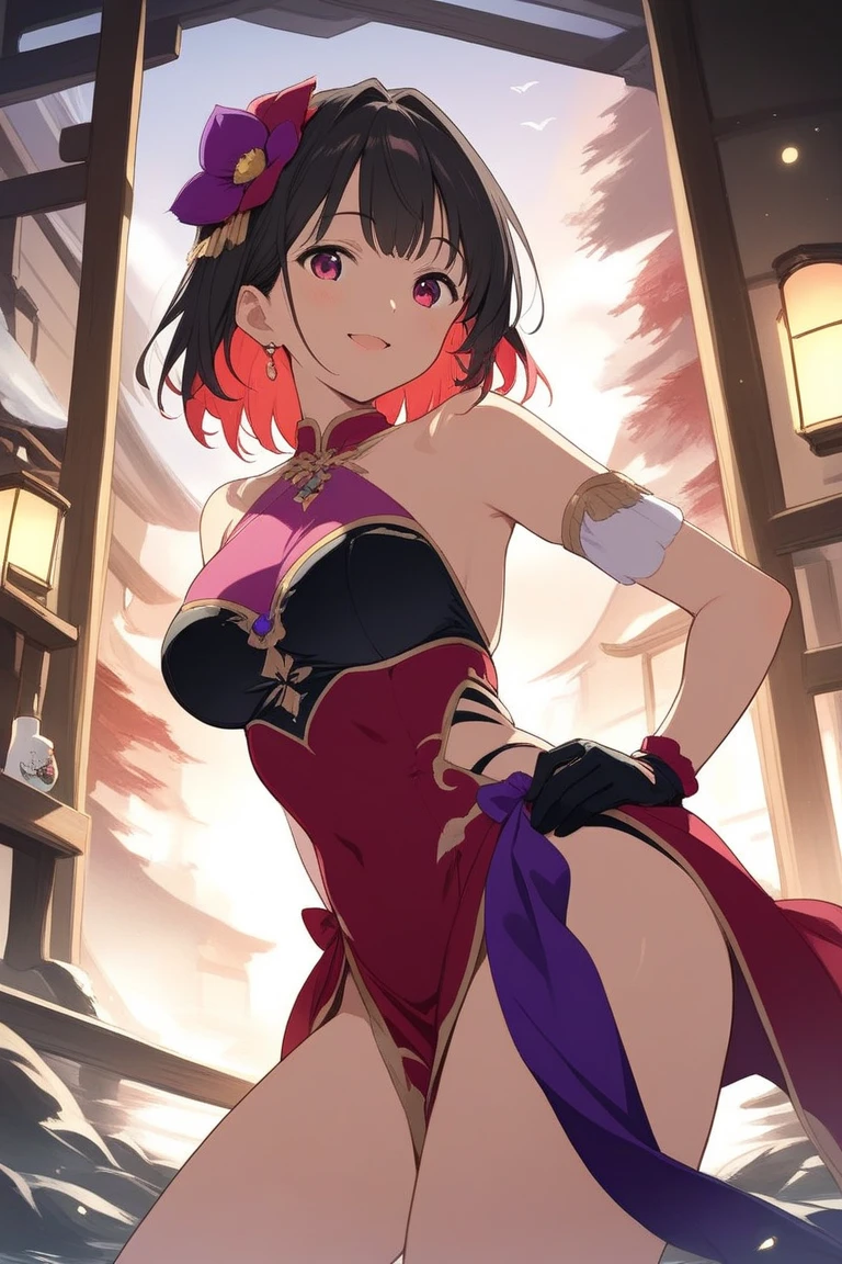 ((Brown hair)),((Braided shorthair)),((A blackい目で)),Slight red tide,(Open-chested Japanese pattern swimsuit:1.5),(Dragon's horn:1.25),(fluffy cloak),(stylish five finger gloves:1.2),(Ruffled ornament:1.25),(Accessories and hair ornaments with flower motifs),(Usamimi:1.7),(active movement:1.25),It's snowing a little,(The color of the swimsuit is light purple、blanche、golds、A black.),Kamimei,(close up of face:1.35),(Illustration of an oversized dragon in the background:1.5),(New Year'Atmosphere of:1.25),sexy pose
