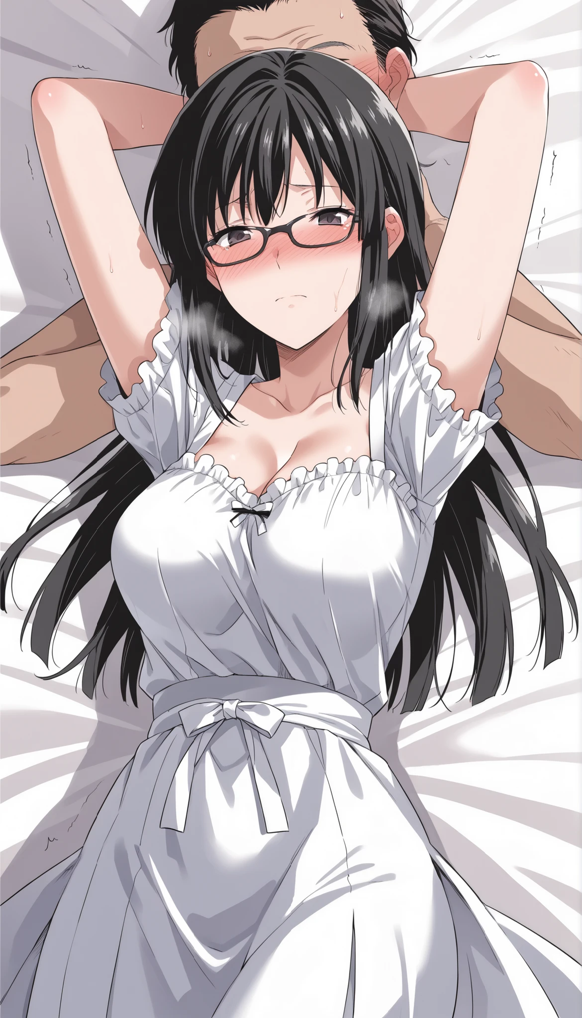 1girl, bangs, bed sheet, black hair, blush, breasts, medium breast, solo, upper body, white long sleeve shirt, collared shirt, unbuttoned shirt, open shirt, pink bra, medium breast, cowboy shot, lying, medium breasts, on back, grey skirt, bedroom, POV, (naked boy's two hands touching girl's chest POV, )