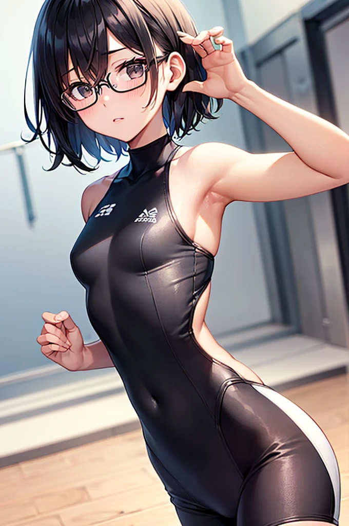 zenin_maki,ponytail,glasses,bangs,green hair,brown eyes,large breasts,slender,competition swimsuits,erect nipples,sleeveless,(cameltoe:1.3),sea,masterpiece,Noise Reduction,perfect anatomy,high resolution, ultra-detailed, ultra-detailed face,game cg,dutch angle ,beautiful detailed eyes,visualart,five fingers, perfect hands, perfect lighting, sparkling pupils,