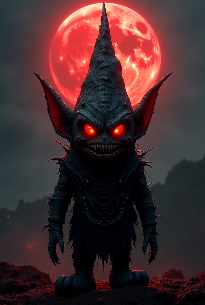 Dark demonic creature with a big smile, round red eyes and light brown hair, anime version