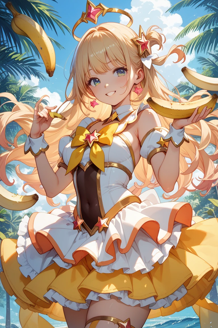 Sitting on a banana, sitting, fusion of high knee boots and banana, complex and colorful effect on background, banana floating, large banana in the background, transparent banana in the background, natural luminescence, small breasts, female brat, thick eyebrows, thin waist, pigtails, beautiful blonde, braid, rabbit ears, (masterpiece), ((best quality)), (super detailed), girl, clean and detailed face, five fingers, textile shading, Perfect human structure, perfect anatomy,
