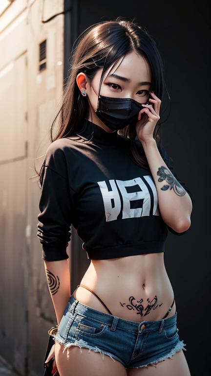 Somewhat tall girl with long black messy hair and sleepy ruby eyes wearing a tight slipknot band t-shirt and dark tights panties, doing a peace symbol with a somewhat chaotic face, her thighs squishy and her breasts are average sized.