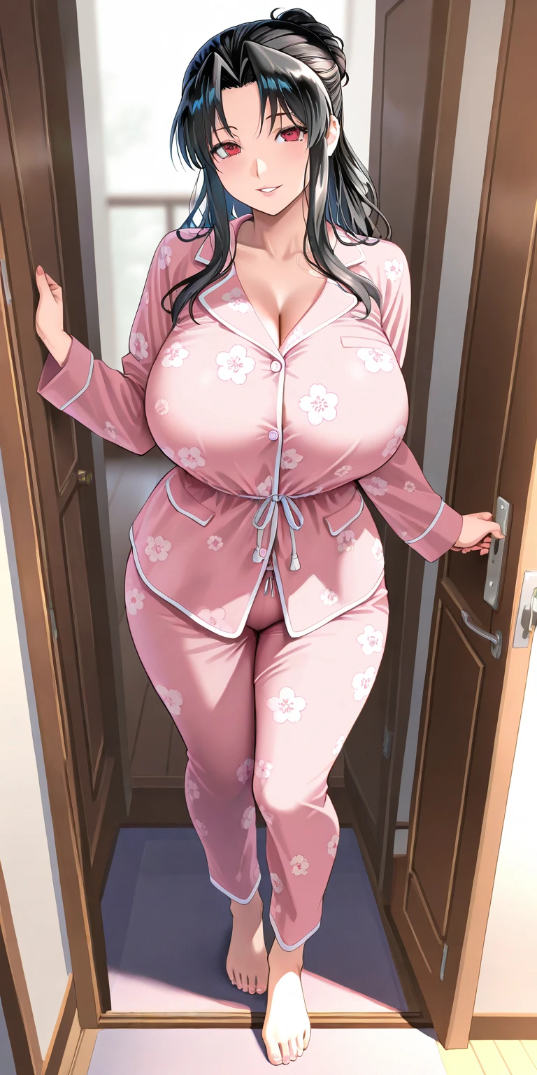 MILF BIMBO KNEELING RED short bob haircut hairband female wearing a pink pajamas, video games, pink outfit, tv, fluffy teddy bear toy 🧸 🐻, bed, white pillow, black gazed cross belt blindfold, bodybuilder abs toned, hands inside pajamas pockets