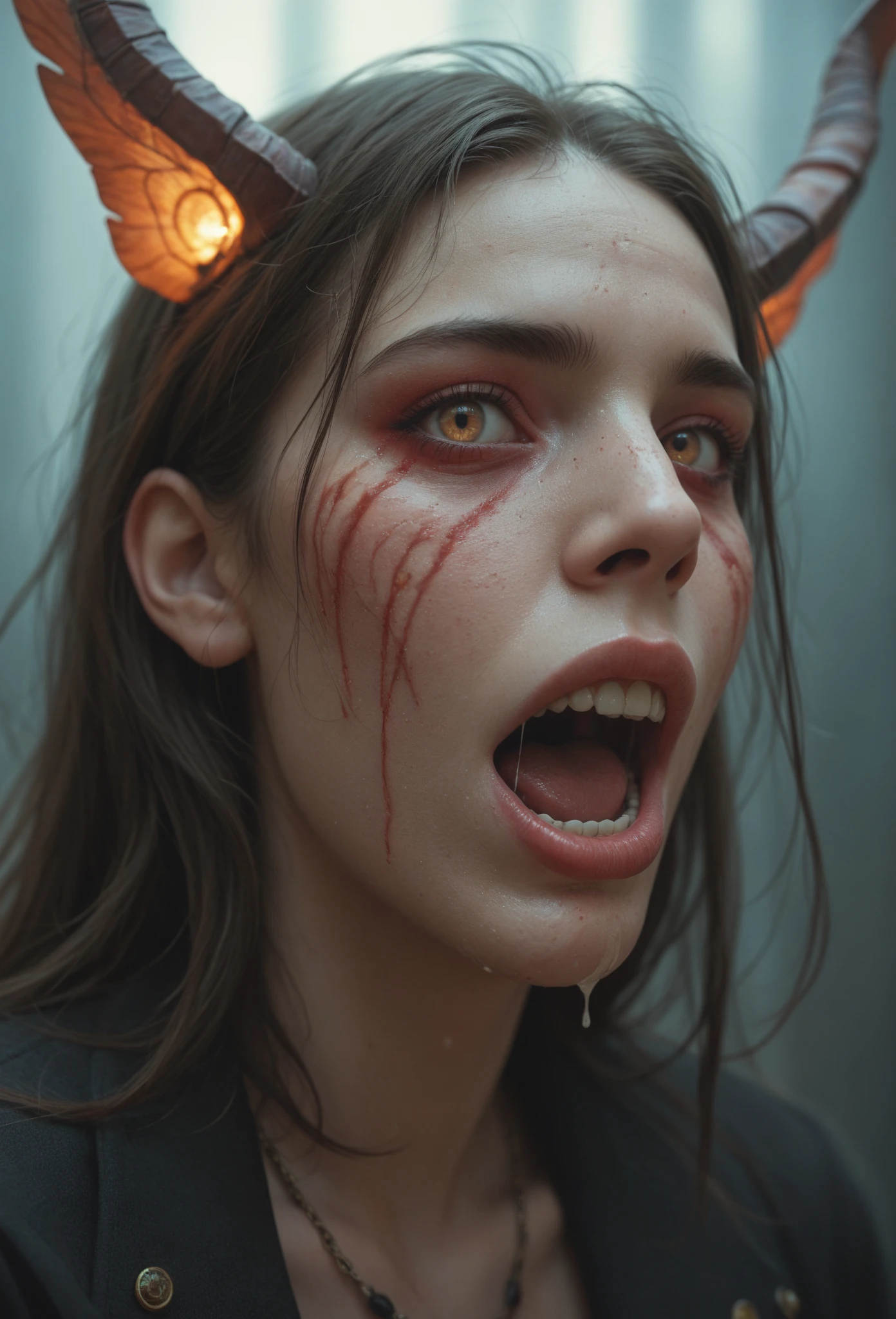 there is a woman with blood on her cheek, demnio woman, with fangs, portrait of deonio, demon woman, demon woman, scary demon, scary look, portrait of beautiful demon, demon, carmilla demon, androgynous demon, beautiful demon, dark demon, portrait of a demon, evil look, portrait of a demon lady, hell in the background, hell, red sky, many lights in the background, 8k, best quality, masterpiece, ((bangs)), long hair, blonde hair, photographed by someone else, (8K, Best quality: 1.2), (Masterpiece: 1.37), (Photo, Photo, Realistic: 1.37), (Ultra high resolution), Walking pose, Front shot, Slow motion, (Crazy detail, Bloom: 1.5), (Premium High Quality, Alessandro Casa Grande, Greg Rutkowski, Sally Mann, concept art, 4K), (Simulation: 1.2), (High Definition), (Detailed Student: 1.1), Detailed Face and Eyes, Artwork master, Best quality, (Very detailed in photography: 1.1), (Young woman: 1.1), Sharp, (Perfect figure: 1.1), Realistic, Realistic shadow, 3D, (Temple depth: 1.2), Photo Canan EOS R6 , 135mm, 1/ 1250 sec, f/2.8, ISO 400, (red scales, scaly body), halo, black wings, fallen demon, loose waves, red eyes, Full cover, No body exposed