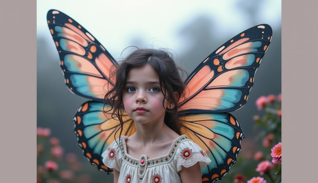 A young girl with brown hair in a blue dress, smiling and posing closely with a giant colorful butterfly, set in a whimsical garden