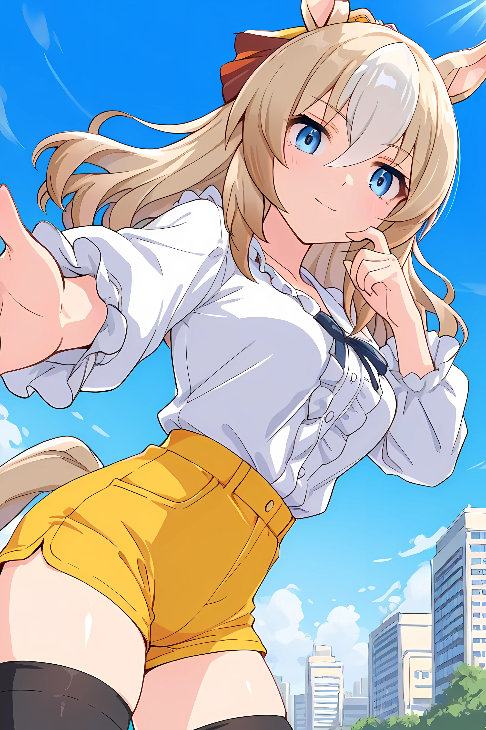durandal \(umamusume\),(((masterpiece))),(((detailed)))((best quality)),((hyper detailed)),(beautiful),((shinythighs)),(((shiny skin))),(high quality skin),((8k)),((high resolution)),(flat color),contrapposto, watson cross,light smile and light blush,closed mouth,reaching towards viewer and scratching cheek, white color frilled shirt,yellow color short shorts,black color thighhighs,blue sky,sunlight,spring,day,cityscapebuilding,natural light,from front,eye level shot,close-up,cowboy shot,looking at viewer