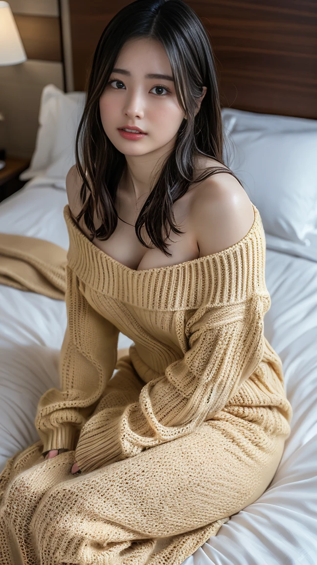 (((Waist up shot)))、(((Straight hair with brown bangs)))、(((Bright interior background with wooden framed glass windows.)))、(((Lemon chiffon off-shoulder sweater、Cleavage is not visible)))、very cute、Half Japan, Half Korean、18-year-old girl、Smooth Skin、Light eye makeup、Shiny, Ultra-realistic faces、Subtle lighting effects、 Ultra-Realistic Capture、Very detailed、High resolution 16k、Skin texture must be natural、skin is healthy、Even Tone、Use natural light and color、worn out, High quality photos taken by modeling agencies