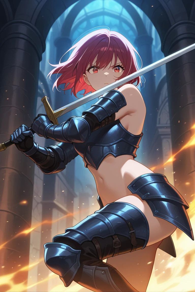 (best quality,4k,8k,highres,masterpiece:1.2),ultra-detailed,((shoujo girl)),((fox girl)),((medium hair)),((full body)),((stand pose)),((((very baggy and long cotton leg warmers)))),((bare feet)),((thong)),(((short battle blouse))), (((battle gloves))), ((((carrying a giant sword)))),((fully detailed)),illustration,vivid colors