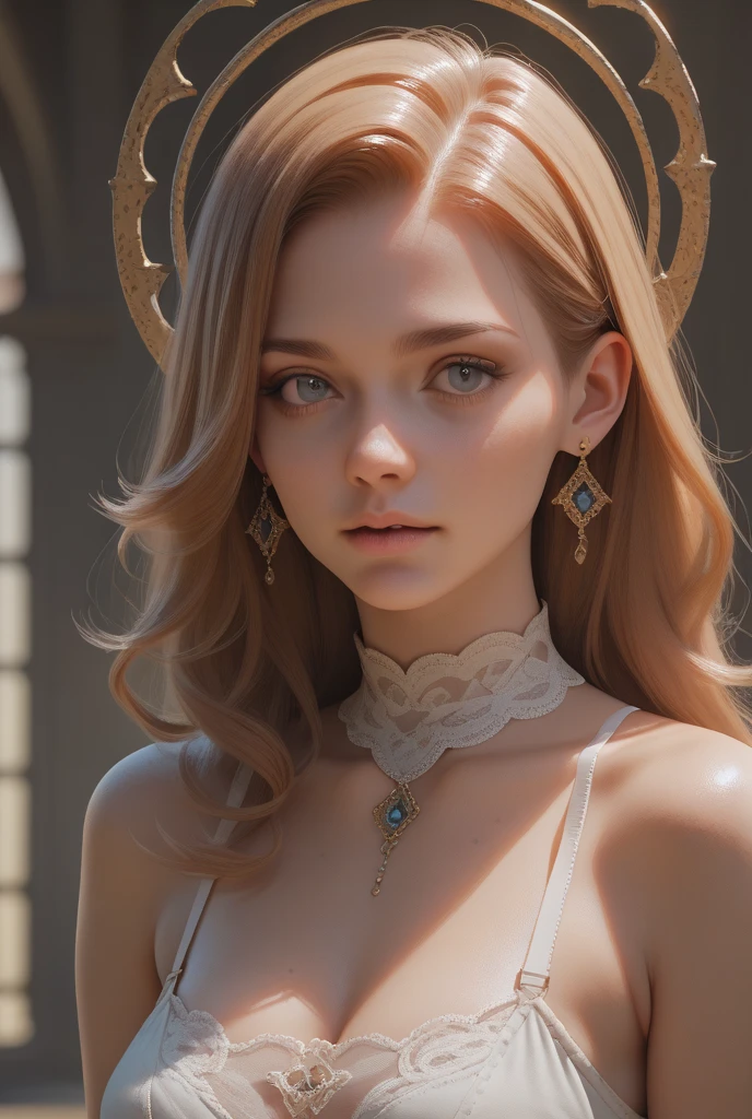A white royal girl in the dark wearing a golden necklace written "vinnie"
