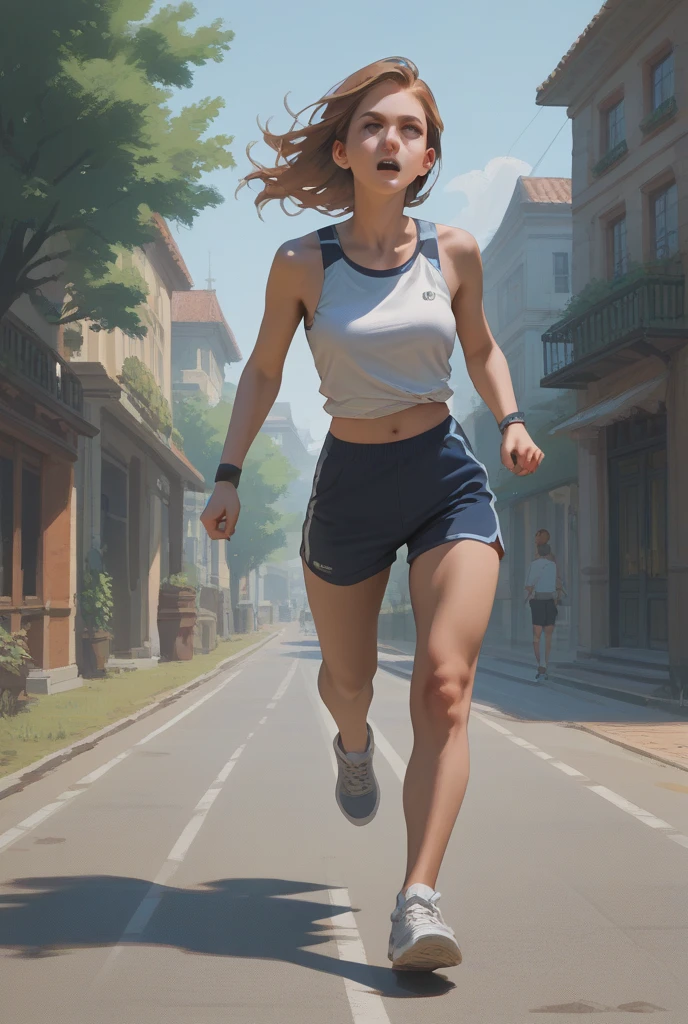 transparent,invisible person,1girl, white crop top, blue jeans, black boots, full body, ((wetting self, pee stains, yellow puddle)), ((running towards viewer)), angry