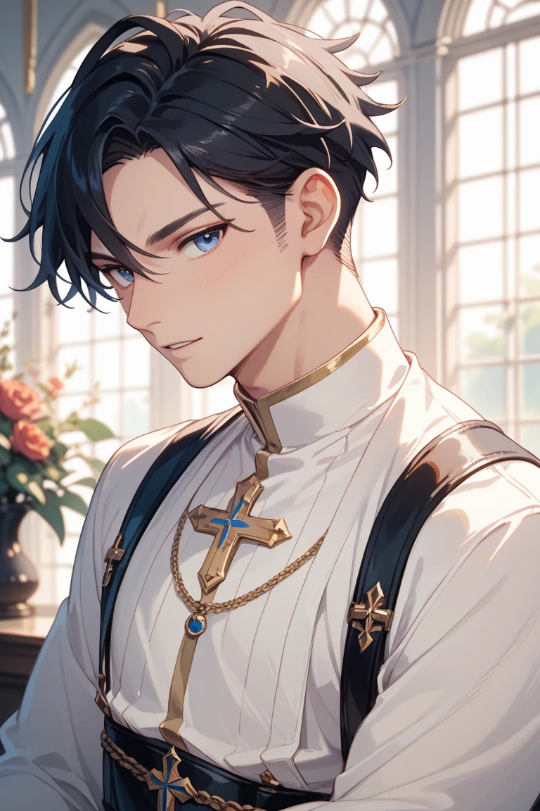 absurdres, highres, ultra detailed, HDR, master piece, best quality, Eiden, expressive brown eyes, Nu Carnival, solo, sexy man, handsome, horny, lewd, black priest robes, accessories, showing the chest, cross necklace, priest, white gloves, fantasy, magical, white roses, white petals, blue sky, church