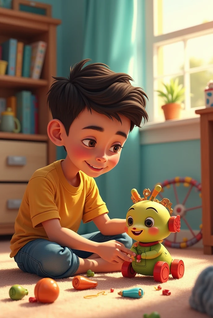 A young boy with blue eyes in blue t-shirts and a cute little green cat are play together and happy