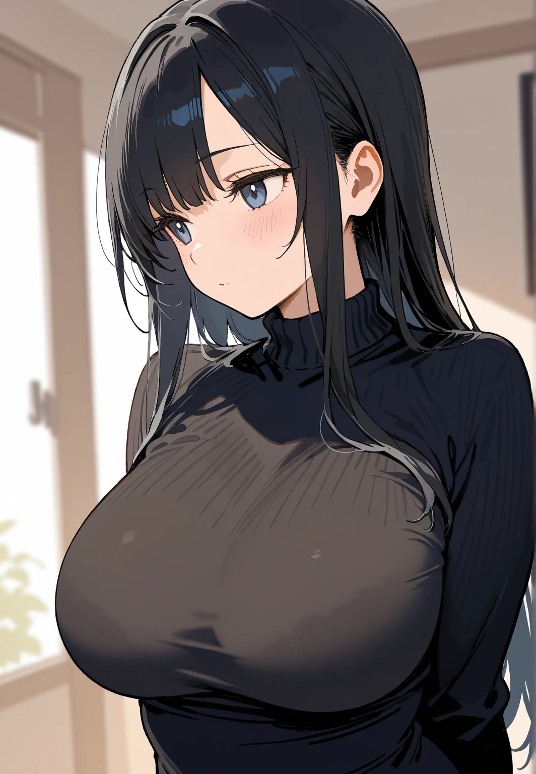 masterpiece, Highest quality, One girl, short ponytail、black hair、virgin killer sweater, (sweater dress:1.2), ribbed sweater,sideboob,cleavage cutout, turtleneck sweater,(broen sweater:1.3),(crop top navel:0.8)、sleeveless,gentle smile、Very sexy、upper body,from front,huge breasts