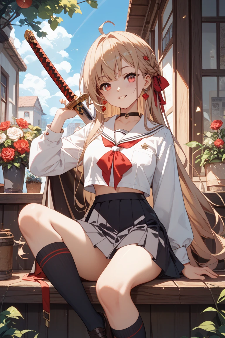 realistic image, coherent image, detailed image, 1 beautiful elf. She has long brown hair, tied up with a comb in the shape of a red flower. Red eyes, long eyelashes. Her face is oval and delicate. smiling. She wears a traditional t-shirt, a pleated mini skirt with lace, and long stockings that cover her legs. She has a curvy body, medium breasts and thick thighs. view from below. view from her thighs. surrounded by clothing fabrics, flower petals falling around. black background, uniform background,