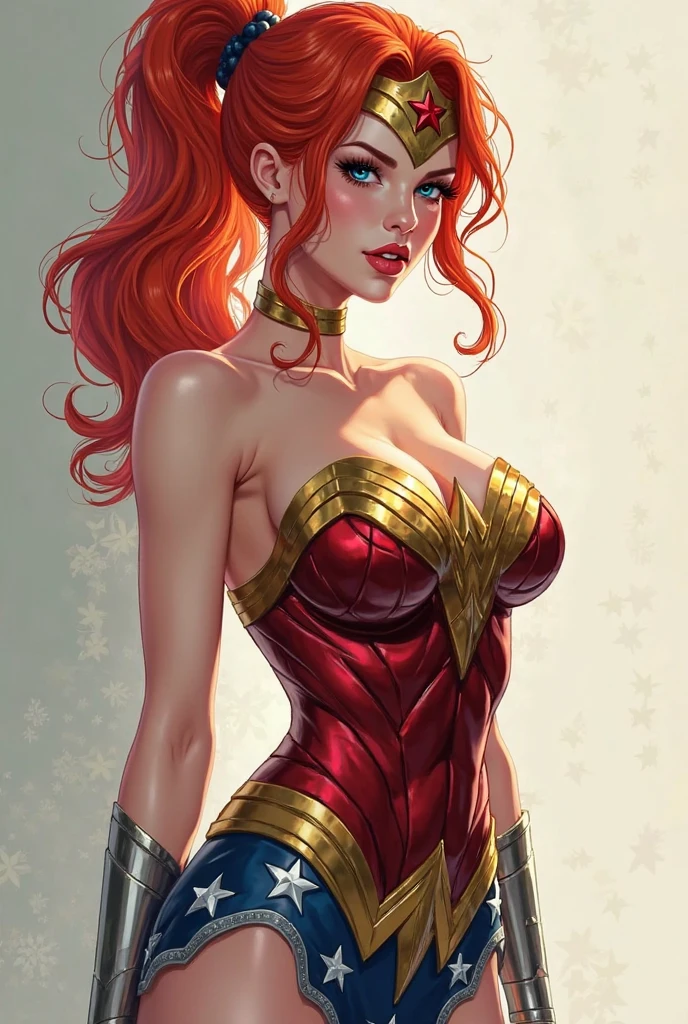 (best quality,4k,8k,highres,masterpiece:1.2),ultra-detailed,(realistic,photorealistic,photo-realistic:1.37),portrait, Carly  ,beautiful detailed eyes,beautiful detailed lips,extremely detailed face,long eyelashes, sexy,soft lighting,subtle background,professional photography,vivid colors full body , kidnapped by a fan, blushing face () full body (seductive) (ready for sex) (biting her lips) ( Wonder Woman outfit) (blue eyes) (red hair) (ponytail)