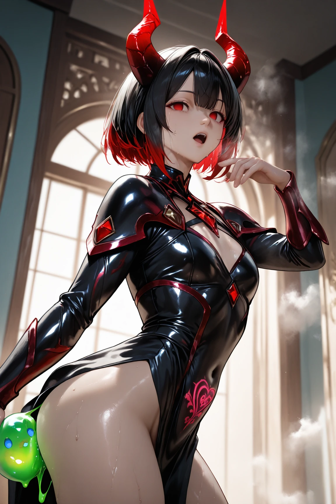 4k quality, very thin sexy girl, red eyes and very detailed, with very torn clothes, short black hair, pussy showing