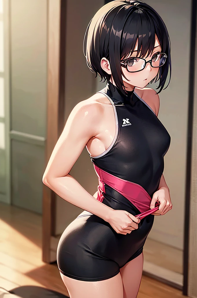Leotards in gymnastics competitions Black Bob Hair blush smile Model Body Type gym