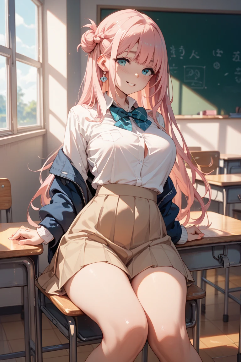 pink hair、long hair、smile、beautiful girl、high school student、high school uniform、yellow knit vest、checked skirt、long legs、thin thighs、big breasts、School、stare