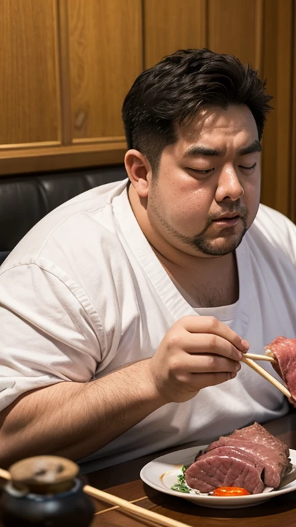 Man, Asian, 50 years old, Fat, Chubby, wearing glasses, Shirtless, take off shirt, wearing a white hat, wearing an apron, cooking, being a chef, in the kitchen, Top view, sharp image, light beautiful.