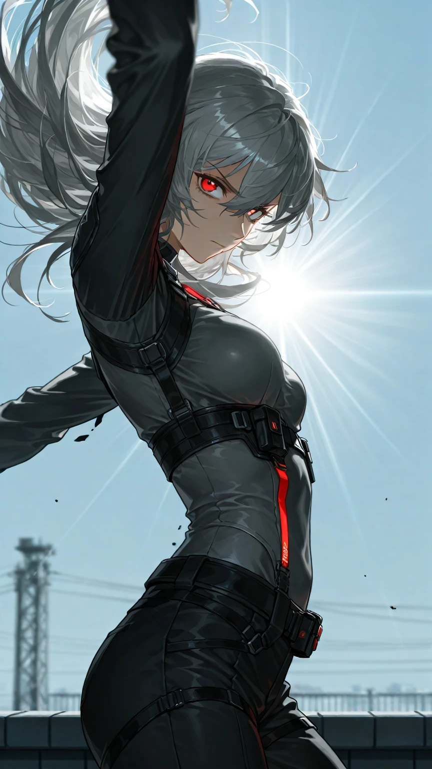 random angle close portrait, brush drawing image, beautiful Thai female teen, aged 20, dynamic fighting action pose with white advanced sci-fi shooter, advanced black earbuds, medium-long straight light grey hair with forelock, white slim fit sci-fi stand collar diving suit with 3/4 white sleeves, slim fit sci-fi glossy black pants with weapons holster on thighs, black shoulders and arms armour, black gloves, grey smoke explode, white background, 8k resolution