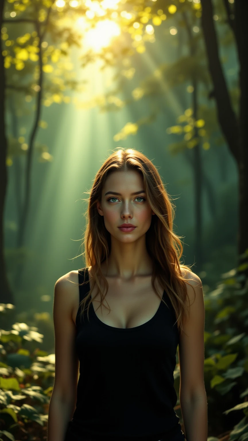 best quality, master piece, 1young woman, american, upper body, light brown hair, hazel eyes, big house, sun shining, tanned skin, sun glare, skin pores, woods in background, intricate, insanely detailed, sharp focus, Canon EOS 5 Mark II 60mm main lens, ISO 300 Certified, photorealistic, Octane Rendering, Cell Shading, DSLR, 8k