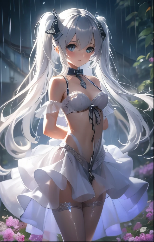 1girl, solo, long_hair, breasts, blush, looking_at_viewer, bangs, skirt, large_breasts, eyebrows_visible_through_hair, gloves, sitting, very_long_hair, green_eyes, closed_mouth, ass, pleated_skirt, boots, white_hair, thighs, sky, miniskirt, water, wet, legs, petals, dutch_angle, bare_legs, night, embarrassed, flying_sweatdrops, thick_thighs, white_footwear, white_skirt, ?, gundam, mecha, night_sky, city, mecha_musume, giant, giantess, v-fin