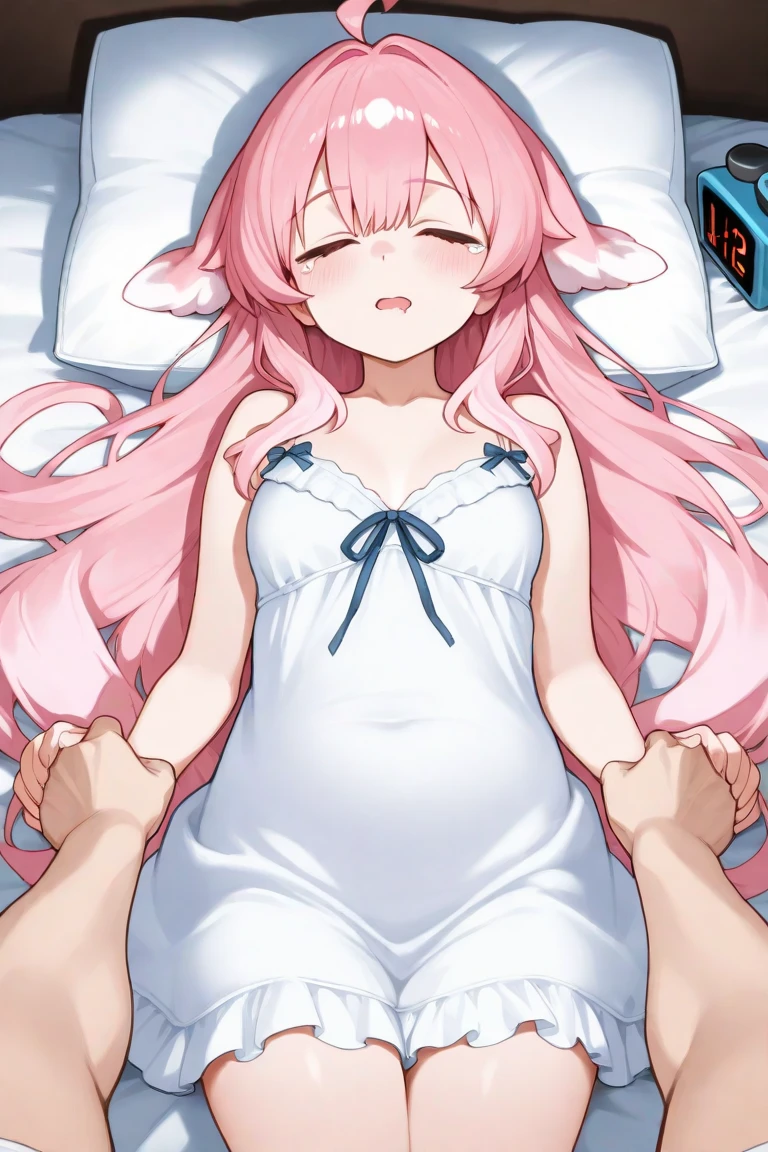 Located on the bed in the bedroom,,A young boy with,A little girl with pink hair lying on the bed(Pink double ponytail,Cat ears,Wearing a white transparent dress,Petite body,A girl with closed eyes,Sleep in bed,girl sleeping,Clothes were torn by men,gigantic cleavage breasts,Private areas exposed,female genital,A white viscous liquid flows from the female genitalia,Humiliated by boys,vaginal dilation,Dewy,white stockings,closing her eyes,Girl in a coma,Comatose girl,Raped by boys,Violated by boys,Fornication),The younger brother raped his sleeping sister