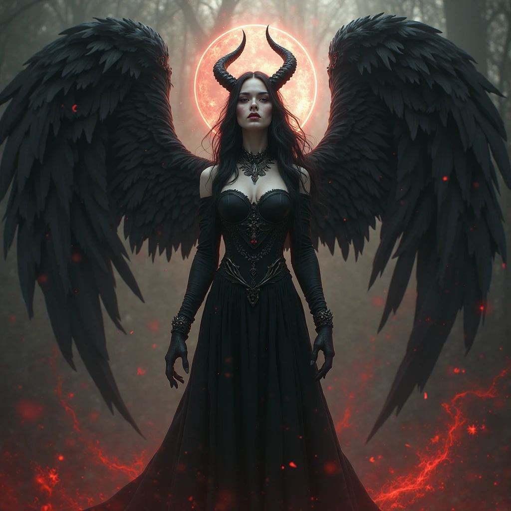 A striking 3D render of a demoness angel with large, black raven wings spread wide and red, glowing eyes that exude an intense gaze. She is adorned in dark, ethereal attire, with a flowing black gown and intricate, horned headpiece. The cinematic-style poster showcases the demoness angel in a dramatic, sweeping pose against a backdrop of swirling darkness and an ominous storm., cinematic, 3d render, poster