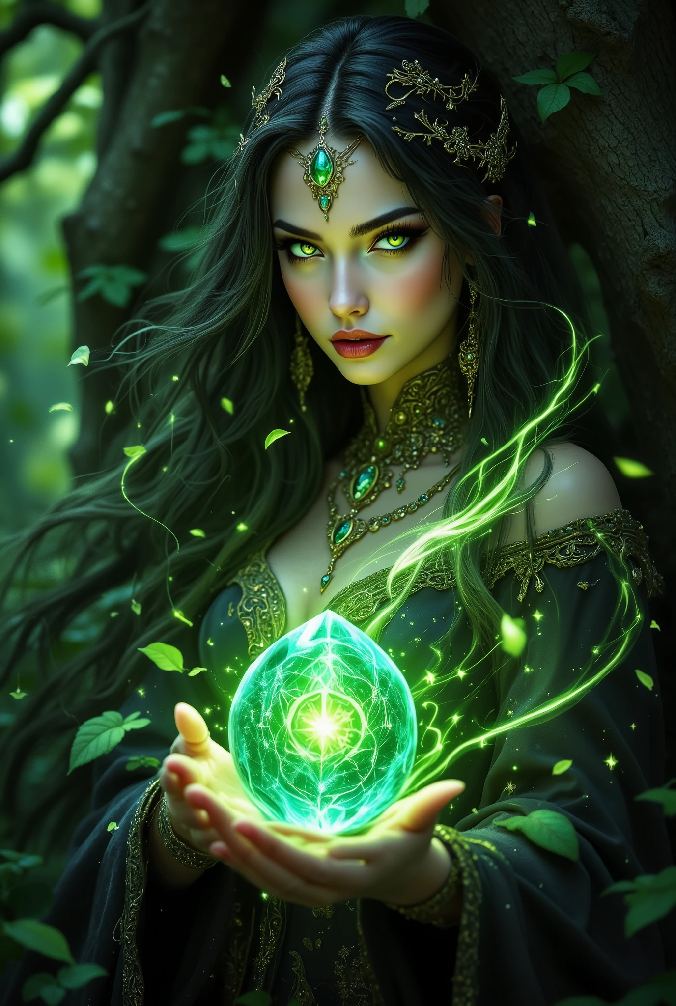 The Magic Witch, with beautiful eyes, Charming, with ornaments, A magnificent stone with Patterns can be seen captured on a tree, Rose petals circle around the witch, is very beautiful and gorgeous, magic particles and beautiful details, complex texture, great painting , difficult details, masterpiece, mystical background , magic, magic, beautiful colors, clearly, Exactly, 8k,
