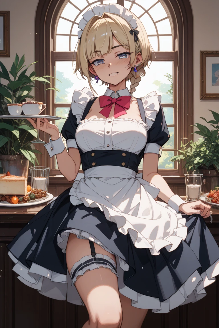 Tabletop, Highest quality, Air Live 4, Thighs Thighs Thighs, 黒 Thighs Thighs Thighs, apron, Absolute territory、, maid, maidの頭飾り, Cleavage, Wrist cuff,one person's,,(Spanning the viewer:1.4),(Sweaty:1.4),(Dark basement:1.4),Hypno Lola,
(Torn clothes:1.1),Wicked Smile,(Wounded Body:1.1)