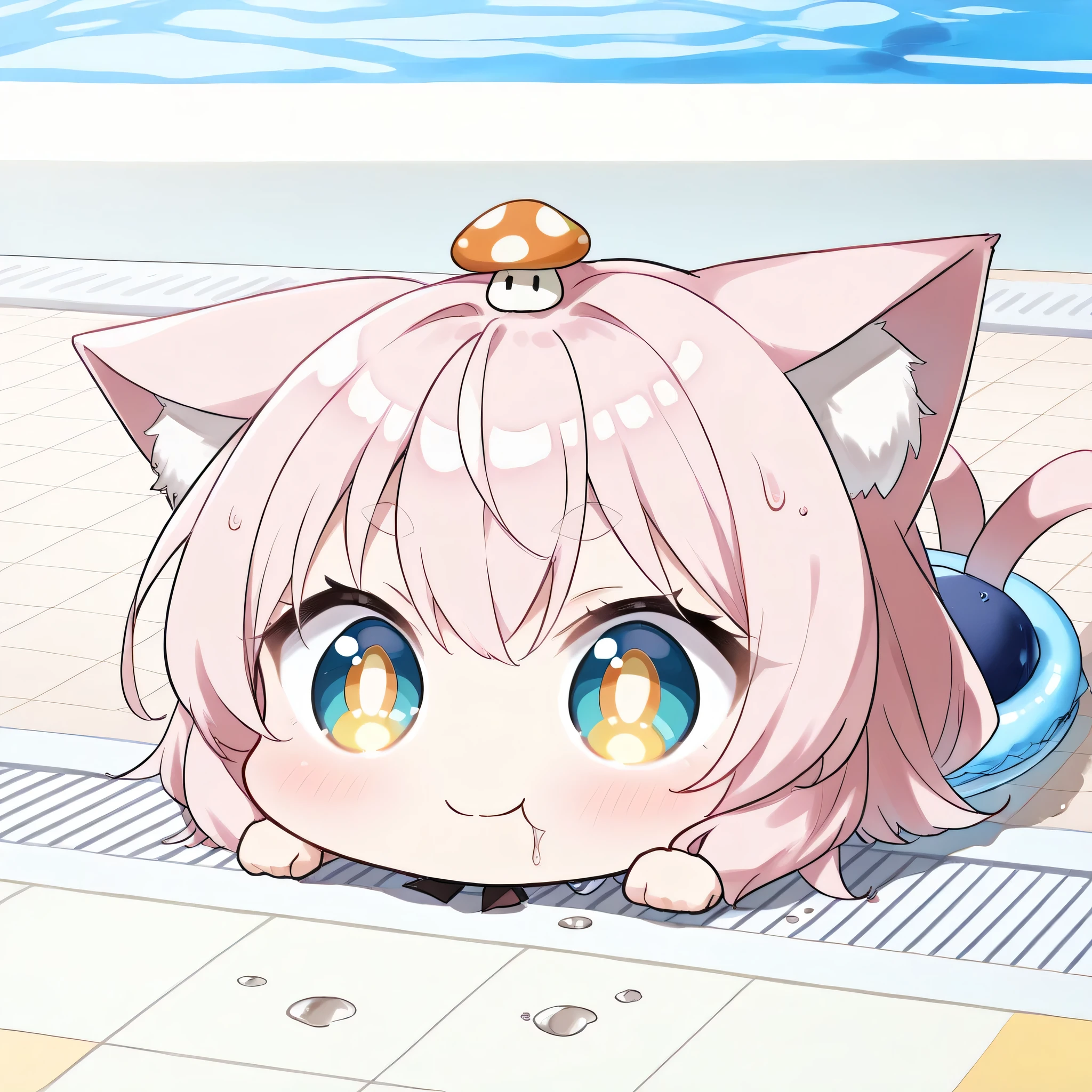 score_9, score_8_up, score_7_up, (solo, 1 girl, Matana Katomiya, Cyan Eyes , Light Pink Hair, scattered mushroom hair,smile,blush、 shut your mouth , Cat ears, white fur inside Cat ears), ((( chibi, change, thin, small, short))), (wet swimming pool), cute pose,Swim ring、smiling、pool cap、is embarrassing、 ((2 Cats' Tails:1.2)), cute face, big eyes, Cat's Eyes, eyelashes, lower eyelashes, (((gold pupils))), Short Thin Eyebrows, , 恥ずかしげなsmile, show me teeth、heartの背景、heart、