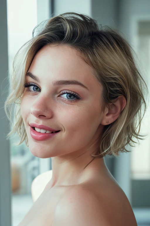 Scarlett Leithold with very short hair completely naked and smiling