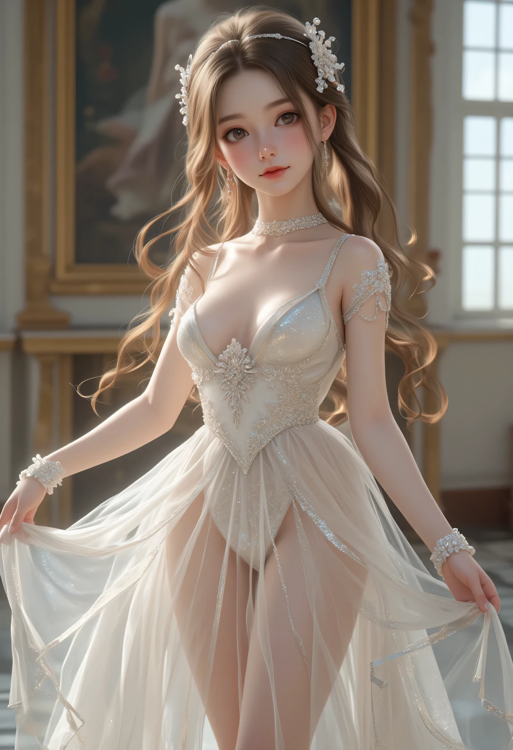 incredibly,absurdres,realistic,ultra high res,perfect shading,ultra detailed,dance hall,shiny skin,girl,beautiful detailed eyes-and-face,cosmetic,princess dress,courtesy,