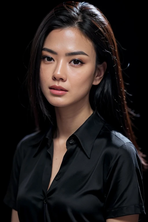 20yr old female, (Photorealistic:1.4, Realistic), Highly detailed CG unified 8K wallpapers, 1girl in, (((thick body:0.8))), Looking at Viewer, (HQ Skin:1.4), 8K UHD, Digital SLR, Soft lighting, High quality, Film grain, FUJI XT3, ((upperbody shot:1.2)), (((Black Silk Color Shirt))), (( Background, Black background)),
