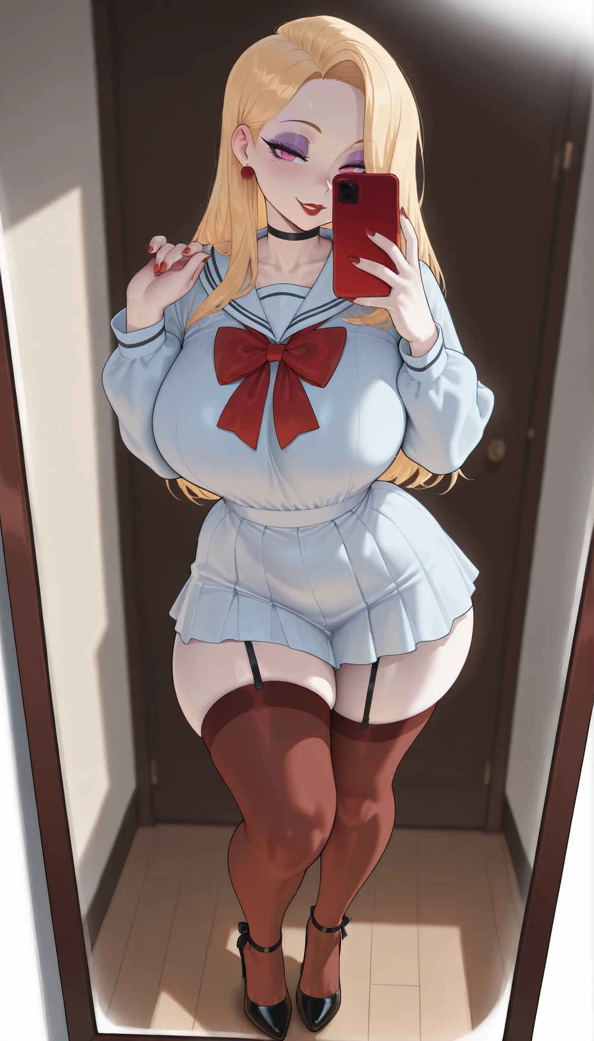 A sexy curvy beautiful woman with purple eyeshadow makeup, half-lidded pink eyes, long blonde hair, red nails, fat big plump bimbo red round glossy lips, an extremely small waist, a perfectly cinched hourglass figure, and extremely fair white glowy pale skin. She's only wearing a short revealing thin Japanese school skirt uniform dress, chokers, brown stockings, and high strappy heels. She's standing straight, playful seductive expression, holding a phone, taking a selfie, sexy posing in front of a mirror, and is in a bedroom. Show her full body and super hyper-detailed.