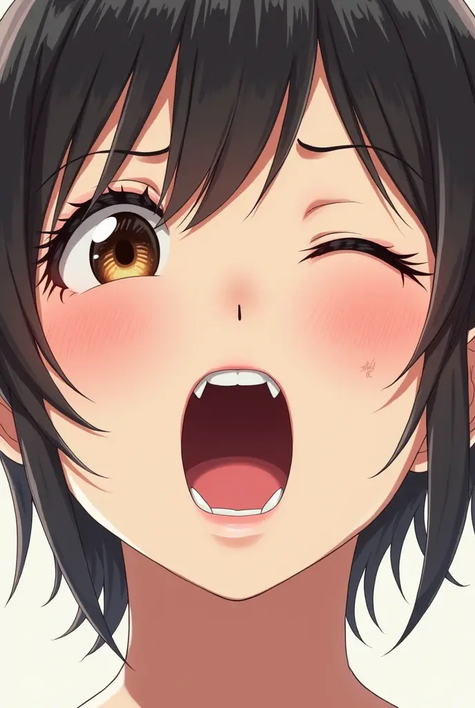 With the uploaded photo make the face into ahegao reaction. Eyes crossed, tongue fully out and white droplets on face